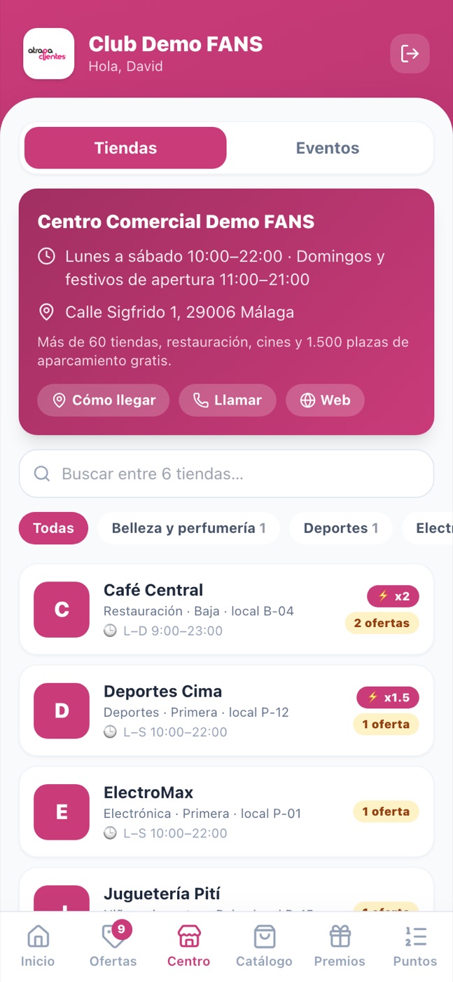 Directorio de tiendas del centro en el club: buscador, categorías, planta, horario y puntos extra