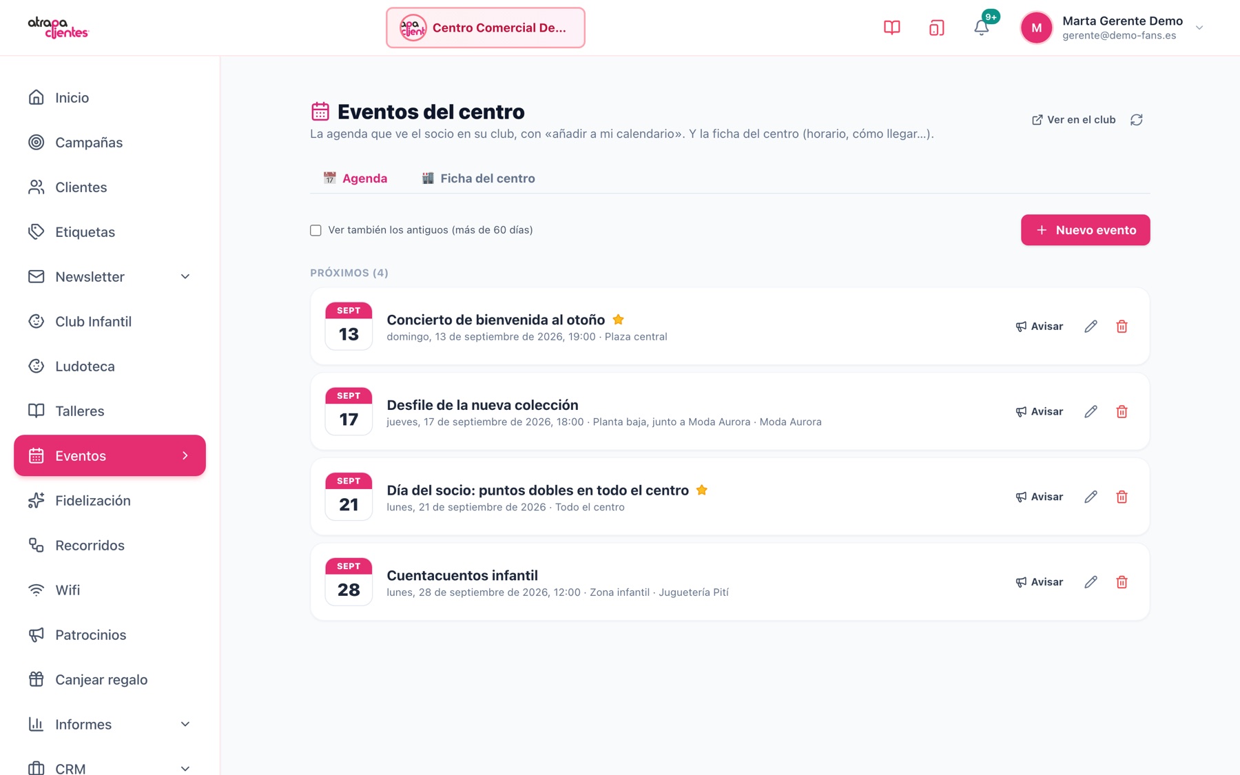 Panel del gerente: agenda de eventos del centro con avisar, editar y ficha del centro