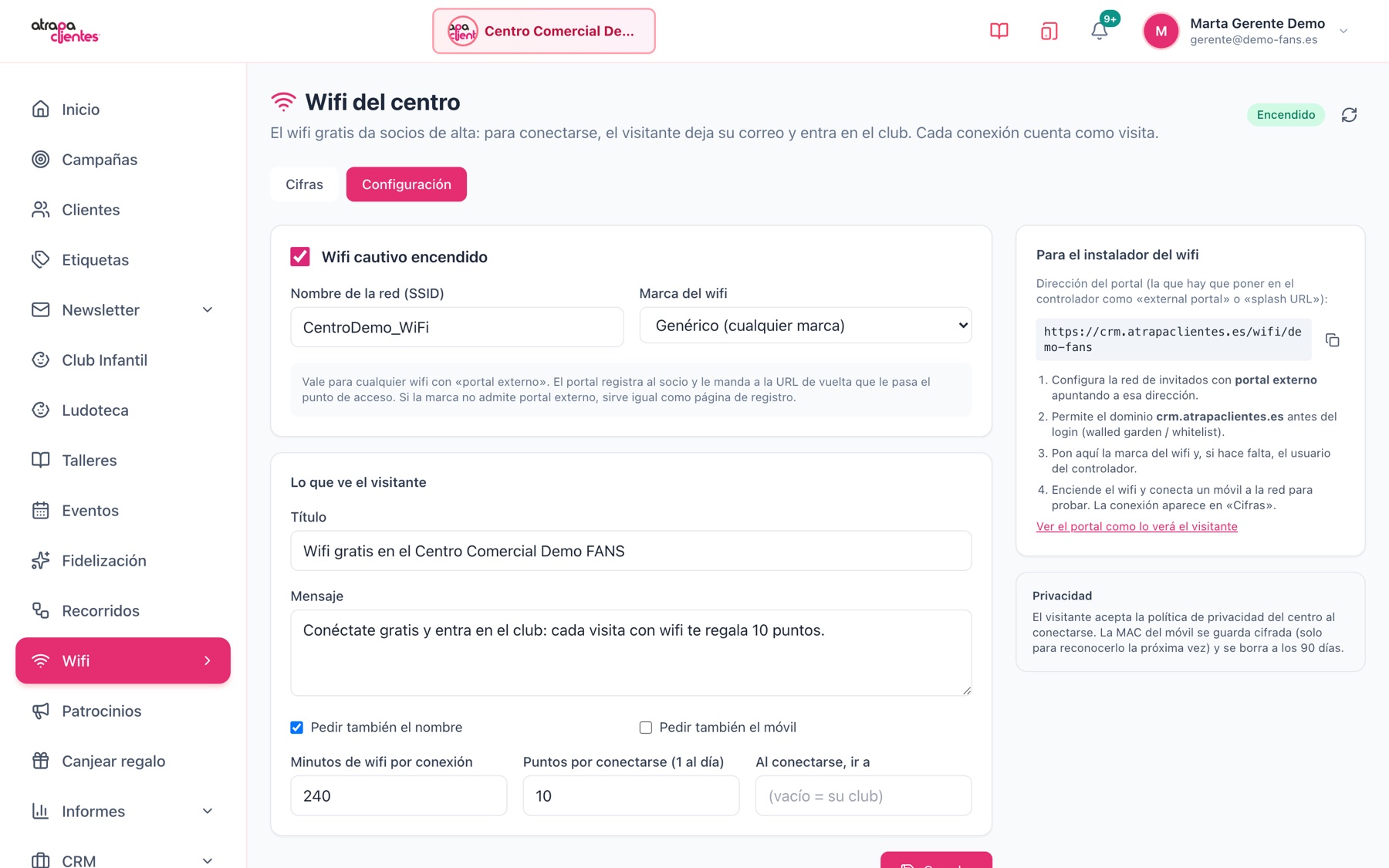 Panel del gerente: configuración del wifi del centro con instrucciones para el instalador