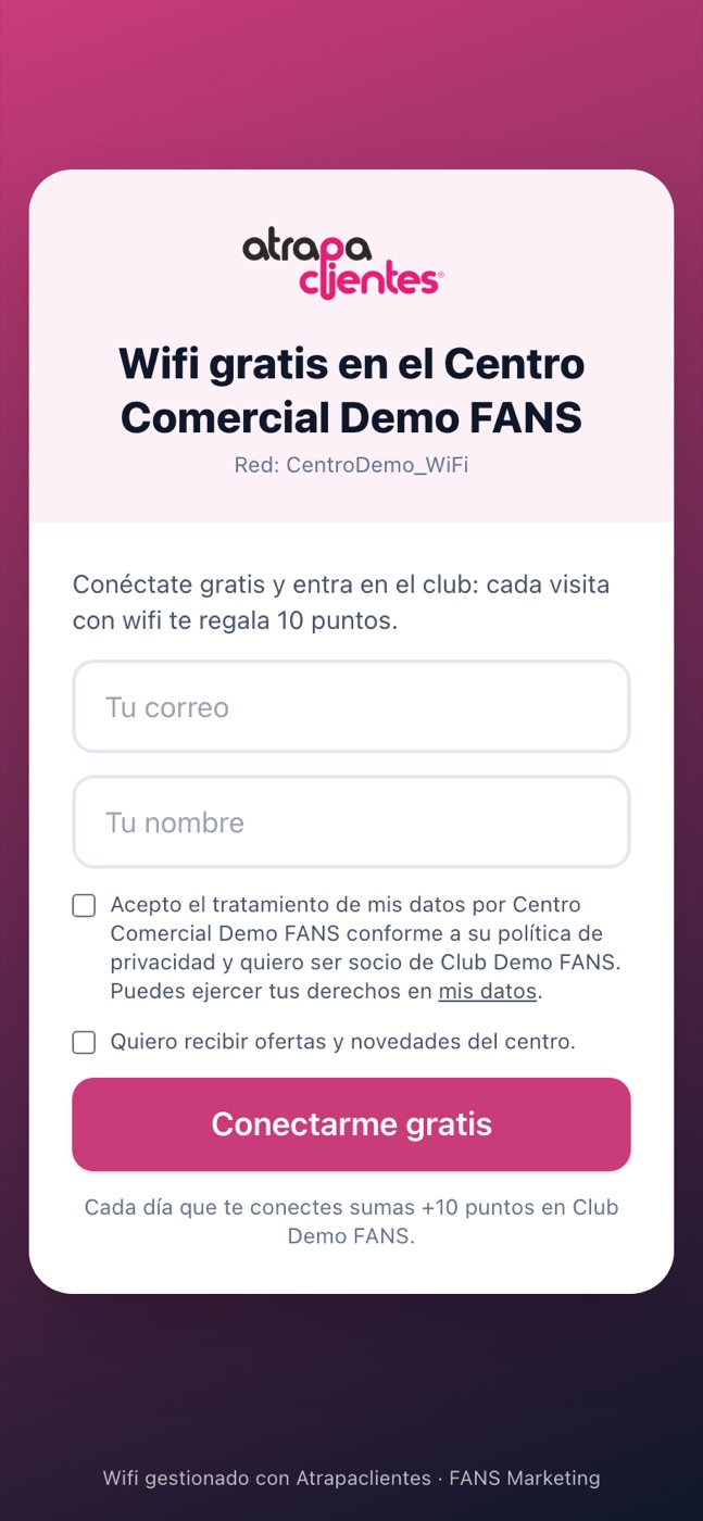 Portal del wifi del centro: correo, nombre y botón «Conectarme gratis»
