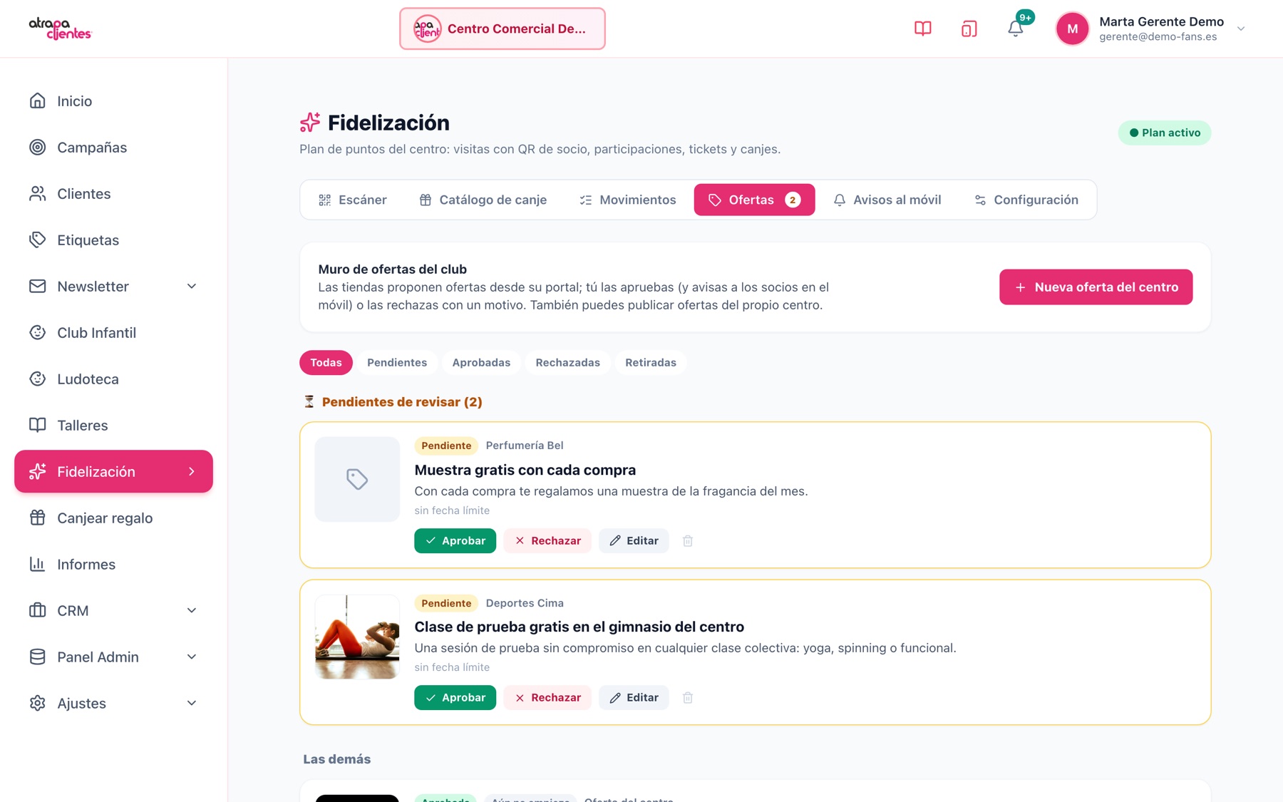 Panel del gerente: ofertas pendientes de aprobar