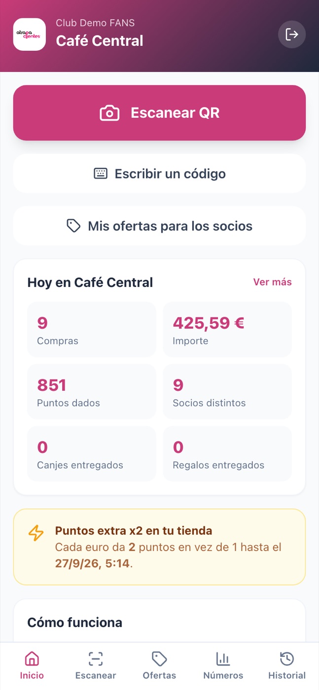Portal de tienda: escanear QR, ofertas y números del día